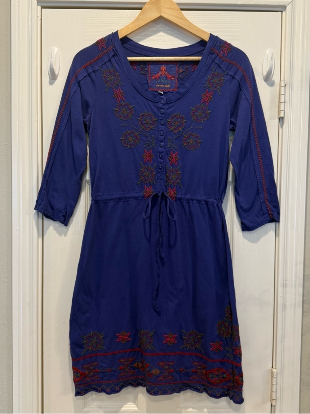 Johnny Was Tee Shirt Dress Women’s Small Blue Embroidered Floral Boho FLAW